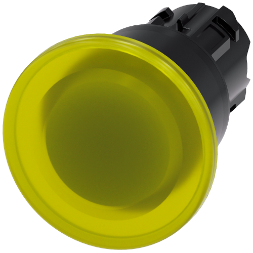Illuminated mushroom pushbutton, 22 mm, round, plastic, yellow, 40mm, latching, pull-to-unlatch mechanism, with laser labeling, symbol number accor...