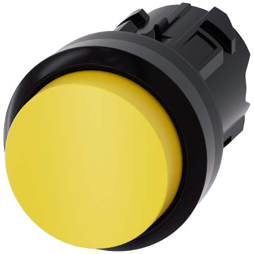 Pushbutton, 22 mm, round, plastic, yellow, pushbutton, raised, momentary contact type, with laser labeling, upper case