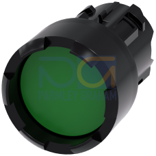 Pushbutton, 22 mm, round, plastic, green, Front ring, raised, castellated momentary contact type