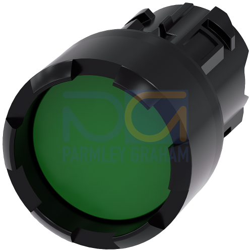 Pushbutton, 22 mm, round, plastic, green, Front ring, raised, castellated momentary contact type