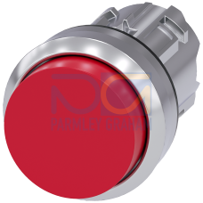 Pushbutton, 22 mm, round, metal, shiny, red, pushbutton, raised momentary contact type, with laser labeling, upper case