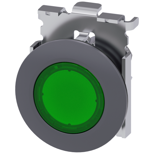 Illuminated pushbutton, 30 mm, round, Metal, matte, green, Front ring for flush installation, momentary contact type, with laser labeling, upper case