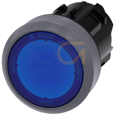 Blue - Plastic with Metal front ring illuminated push button with flat button, momentary Contact