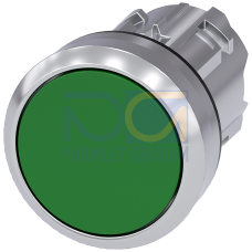 Pushbutton, 22 mm, round, metal, shiny, green, pushbutton, flat, latching, Push-to-release mechanism