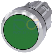 Pushbutton, 22 mm, round, metal, shiny, green, pushbutton, flat, latching, Push-to-release mechanism, with laser labeling, upper case