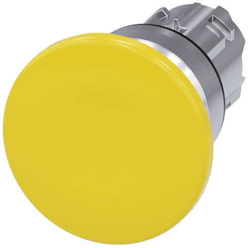 Mushroom pushbutton, 22 mm, round, metal, shiny, yellow, 40 mm, momentary contact type, with laser labeling, inscription or symbol Customer-specifi...