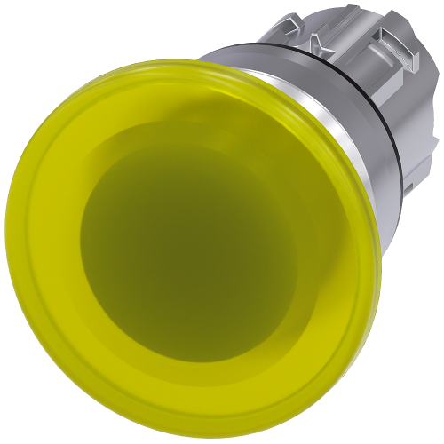 Illuminated mushroom pushbutton, 22 mm, round, metal, shiny, yellow, 40 mm, momentary contact type, with laser labeling, upper case and lower case,...