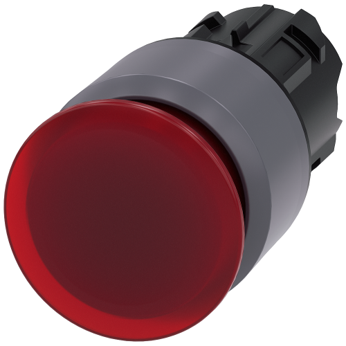Illuminated mushroom pushbutton, 22 mm, round, plastic with metal front ring, red, 30 mm, latching,