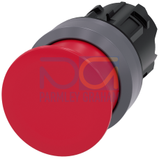 Mushroom pushbutton, 22 mm, round, plastic with metal front ring, red, 30 mm, momentary contact type