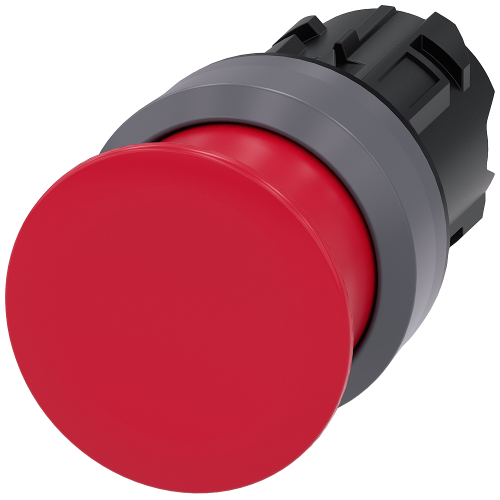 Mushroom pushbutton, 22 mm, round, plastic with metal front ring, red, 30 mm, momentary contact type