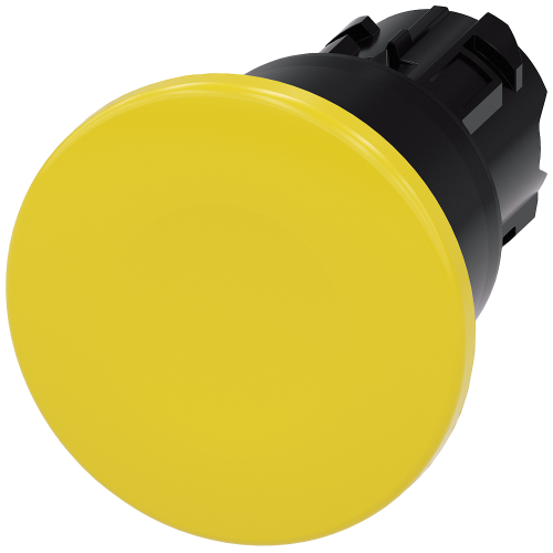 Mushroom pushbutton, 22 mm, round, plastic, yellow, 40mm, latching, pull-to-unlatch mechanism, with laser labeling, lower case