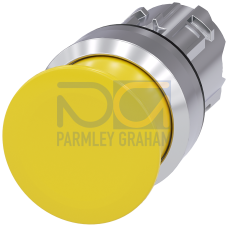 Mushroom pushbutton, 22 mm, round, metal, shiny, yellow, 30 mm, momentary contact type, with laser labeling, inscription or symbol Customer-specifi...
