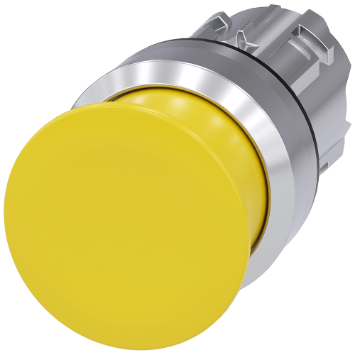 Mushroom pushbutton, 22 mm, round, metal, shiny, yellow, 30 mm, momentary contact type, with laser labeling, inscription or symbol Customer-specifi...
