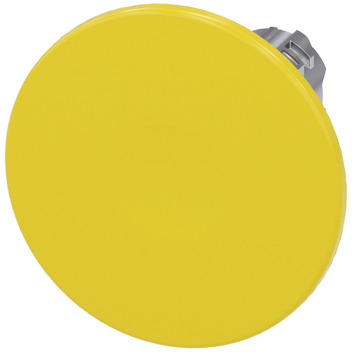 Mushroom pushbutton, 22 mm, round, metal, shiny, yellow, 60 mm, momentary contact type, with laser labeling, symbol number according to, ISO 7000 o...