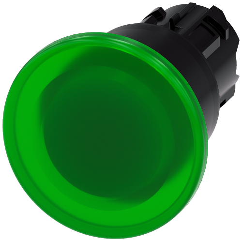 Illuminated mushroom pushbutton, 22 mm, round, plastic, green, 40 mm, latching, Pull-to-unlatch mechanism