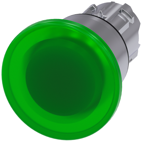 Illuminated mushroom pushbutton, 22 mm, round, metal, shiny, green, 40 mm, latching, pull-to-unlatch mechanism, with laser labeling, upper case