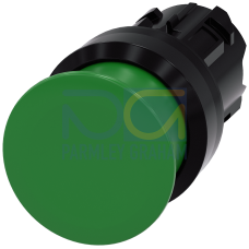 Mushroom pushbutton, 22 mm, round, plastic, green, 30 mm, momentary contact type, with laser labeling, upper case and lower case, always upper case...