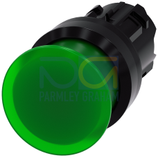 Illuminated mushroom pushbutton, 22 mm, round, plastic, green, 30 mm, momentary contact type, with laser labeling, upper case and lower case, alway...