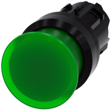 Illuminated mushroom pushbutton, 22 mm, round, plastic, green, 30 mm, momentary contact type