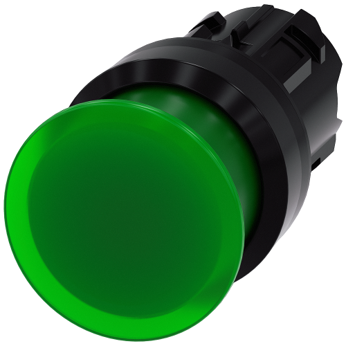 Illuminated mushroom pushbutton, 22 mm, round, plastic, green, 30 mm, momentary contact type, with laser labeling, upper case and lower case, alway...