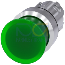 Illuminated mushroom pushbutton, 22 mm, round, metal, shiny, green, 30 mm, momentary contact type, with laser labeling, upper case