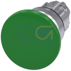 Mushroom pushbutton, 22 mm, round, metal, shiny, green, 40 mm, momentary contact type, with laser labeling, symbol number according to, ISO 7000 or...