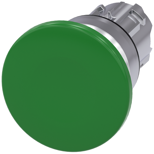 Mushroom pushbutton, 22 mm, round, metal, shiny, green, 40 mm, momentary contact type, with laser labeling, symbol number according to, ISO 7000 or...