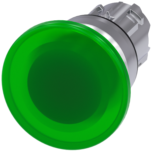 Illuminated mushroom pushbutton, 22 mm, round, metal, shiny, green, 40 mm, momentary contact type, with laser labeling, lower case