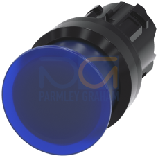 Illuminated mushroom pushbutton, 22 mm, round, plastic, blue, 30 mm, momentary contact type, with laser labeling, upper case