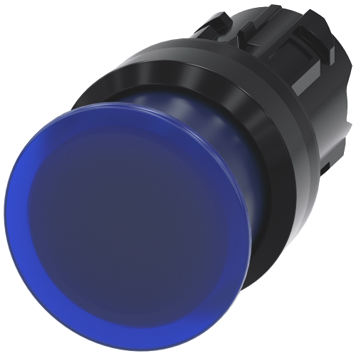 Illuminated mushroom pushbutton, 22 mm, round, plastic, blue, 30 mm, momentary contact type, with laser labeling, upper case