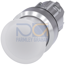 Illuminated mushroom pushbutton, 22 mm, round, metal, shiny, white, 30 mm, momentary contact type, with laser labeling, inscription or symbol Custo...