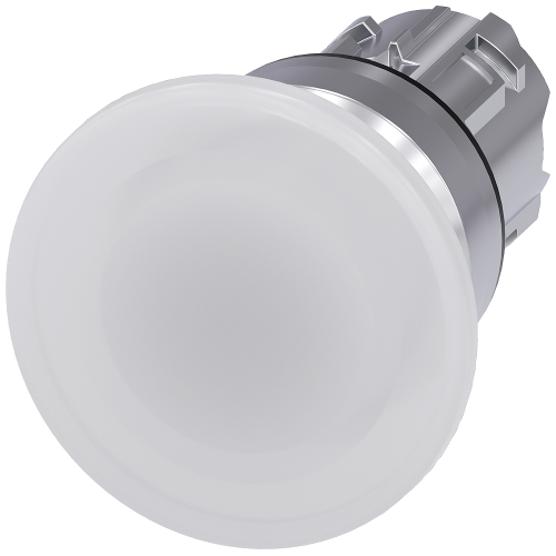 Illuminated mushroom pushbutton, 22 mm, round, metal, shiny, white, 40 mm, momentary contact type, with laser labeling, lower case