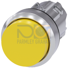 Pushbutton, 22 mm, round, metal, shiny, yellow, pushbutton, raised momentary contact type, with laser labeling, upper case and lower case, always u...