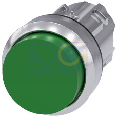 Pushbutton, 22 mm, round, metal, shiny, green, pushbutton, raised momentary contact type, with laser labeling, lower case