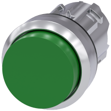 Pushbutton, 22 mm, round, metal, shiny, green, pushbutton, raised momentary contact type