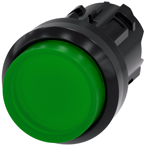 Illuminated pushbutton, 22 mm, round, plastic, green, pushbutton, raised momentary contact type, with laser labeling, upper case and lower case, al...