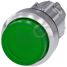 Illuminated pushbutton, 22 mm, round, metal, shiny, green, pushbutton, raised, momentary contact type, with laser labeling, symbol number according...