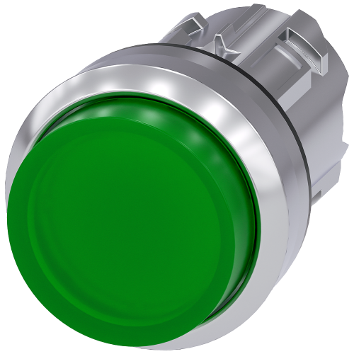 Illuminated pushbutton, 22 mm, round, metal, shiny, green, pushbutton, raised, momentary contact type, with laser labeling, symbol number according...