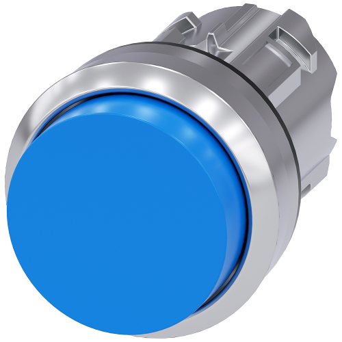 Pushbutton, 22 mm, round, metal, shiny, blue, pushbutton, raised momentary contact type, with laser labeling, inscription or symbol Customer-specif...