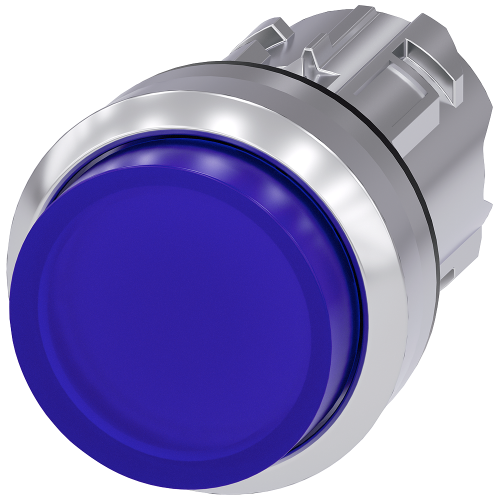 Illuminated pushbutton, 22 mm, round, metal, shiny, blue, pushbutton, raised, momentary contact type, with laser labeling, upper case and lower cas...