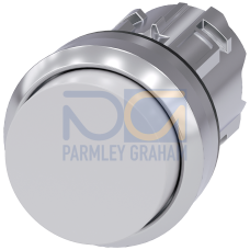 Pushbutton, 22 mm, round, metal, shiny, white, pushbutton, raised momentary contact type, with laser labeling, upper case and lower case, always up...