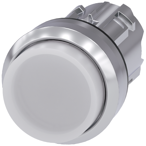 Illuminated pushbutton, 22 mm, round, metal, shiny, white, pushbutton, raised, momentary contact type, with laser labeling, upper case and lower ca...