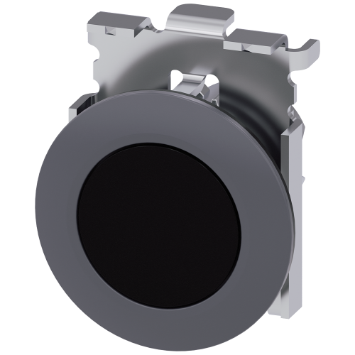 Pushbutton, 30 mm, round, Metal, matte, black, front ring for flush installation, momentary contact type, with laser labeling, upper case and lower...