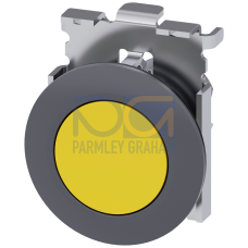 Pushbutton, 30 mm, round, Metal, matte, yellow, front ring for flush installation, latching, Push-to-release mechanism, with laser labeling, upper ...