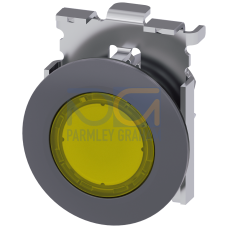 Illuminated pushbutton, 30 mm, round, Metal, matte, yellow, front ring for flush installation, momentary contact type, with laser labeling, upper c...