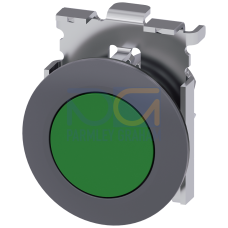 Pushbutton, 30 mm, round, Metal, matte, green, Front ring for flush installation, momentary contact type, with laser labeling, upper case and lower...