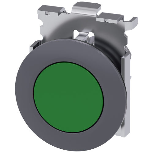 Pushbutton, 30 mm, round, Metal, matte, green, Front ring for flush installation, momentary contact type, with laser labeling, upper case and lower...