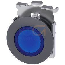 Illuminated pushbutton, 30 mm, round, Metal, matte, blue, front ring for flush installation, latching, Push-to-release mechanism, with laser labeli...