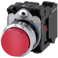 Pushbutton, 22 mm, round, metal, shiny, red, pushbutton, raised, momentary contact type, with holder