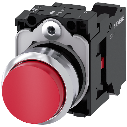Pushbutton, 22 mm, round, metal, shiny, red, pushbutton, raised, momentary contact type, with holder